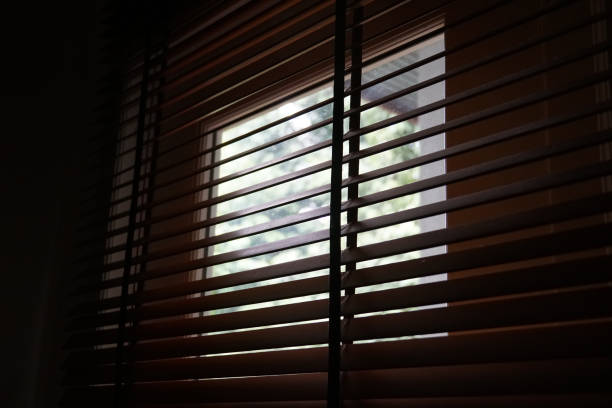 istock brown wood blind shade curtain and shadow 988585322