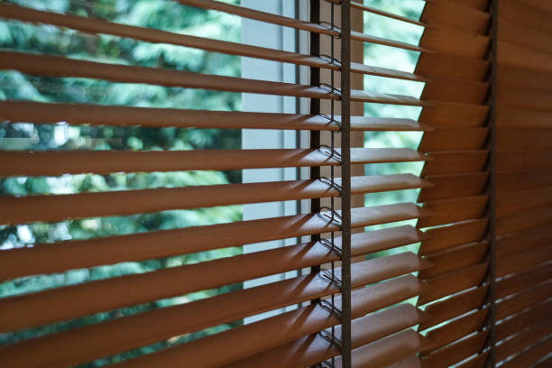 istock brown wood blind shade curtain and shadow 988585456