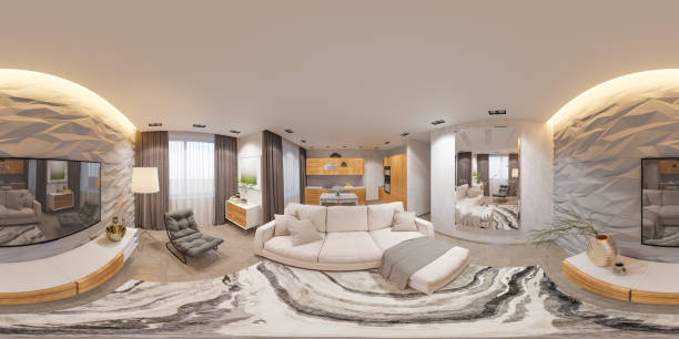 istock 3d illustration interior design spherical 360 seamless panorama living room and kitchen 988616560