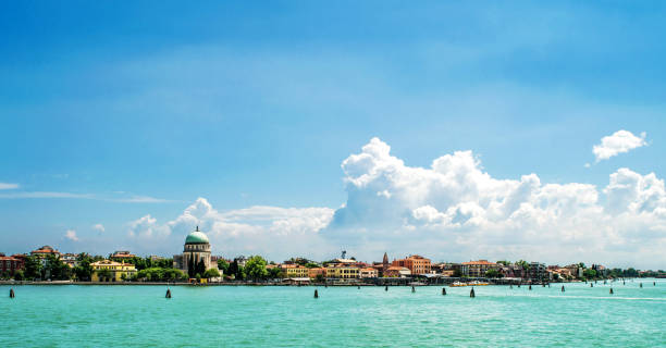 Italy,29 June 2018,panorama of the island of Lido in the lagoon of Venice,summer day, blue sky with white clouds