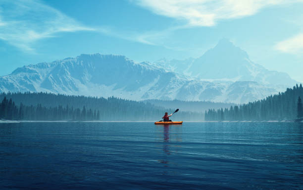 Man with canoe on the lake. Man with canoe on the lake. 3d render illustration canoeing stock pictures, royalty-free photos & images