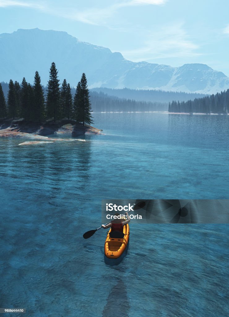 Man with canoe on the lake. Man with canoe on the lake. 3d render illustration Kayaking Stock Photo