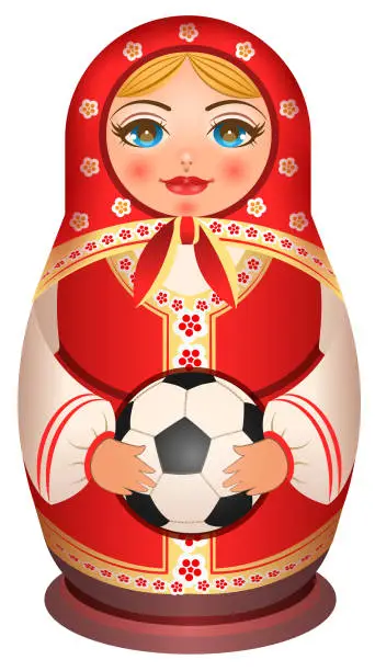 Vector illustration of Russian nesting doll Matryoshka holds soccer ball