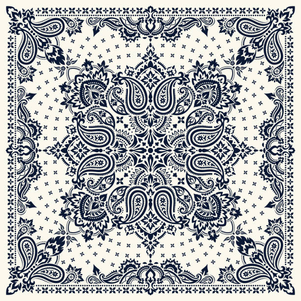 Paisley Bandana print Vector ornament paisley Bandana Print, silk neck scarf or kerchief square pattern design style for print on fabric. black shawl wrap stock illustrations