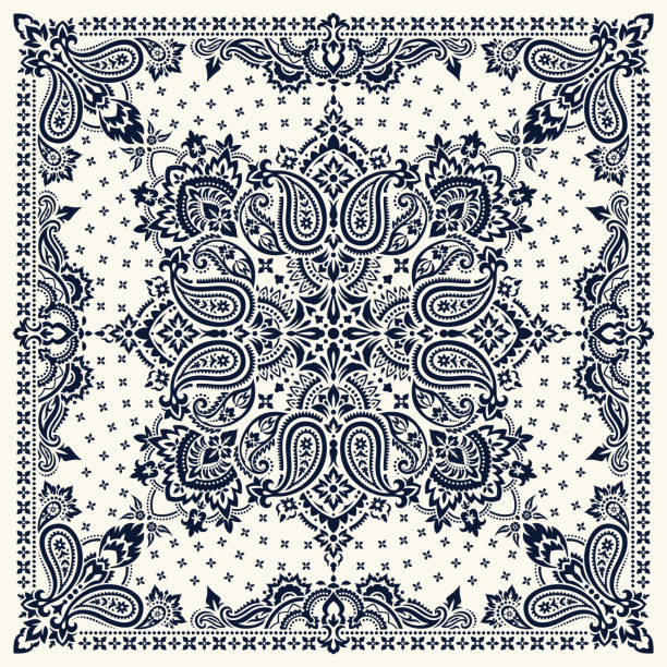 Paisley Bandana print Vector ornament paisley Bandana Print, silk neck scarf or kerchief square pattern design style for print on fabric. bandana stock illustrations