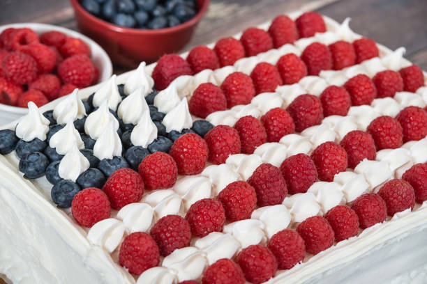 istock Patriotic, red white and blue, American flag cake 988655944