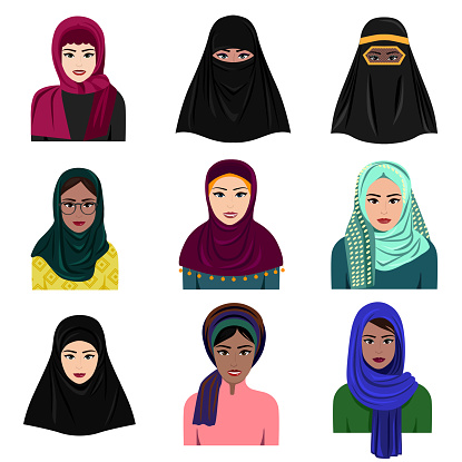 Vector Illustration Of Different Muslim Arab Women Characters In Hijab  Icons Set Islamic Saudi Arabic Ethnic Women In Traditional Clothing In Flat  Style Isolated On White Background Stock Illustration - Download Image