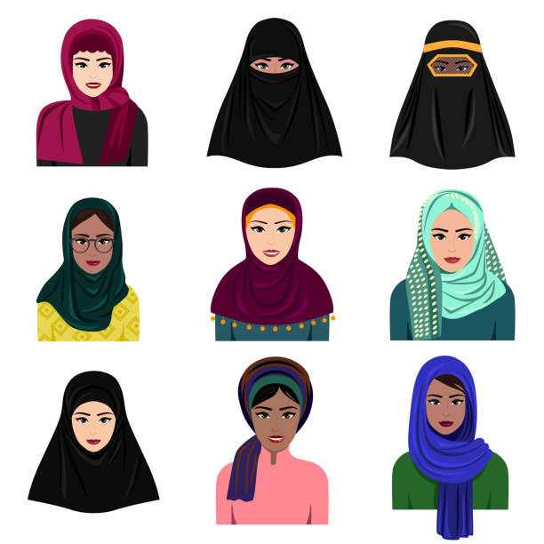 Vector illustration of different muslim arab women characters in hijab icons set. Islamic saudi arabic ethnic women in traditional clothing in flat style isolated on white background. Vector illustration of different muslim arab women characters in hijab icons set. Islamic saudi arabic ethnic women in traditional clothing in flat style isolated on white background cartoon of muslim costume stock illustrations