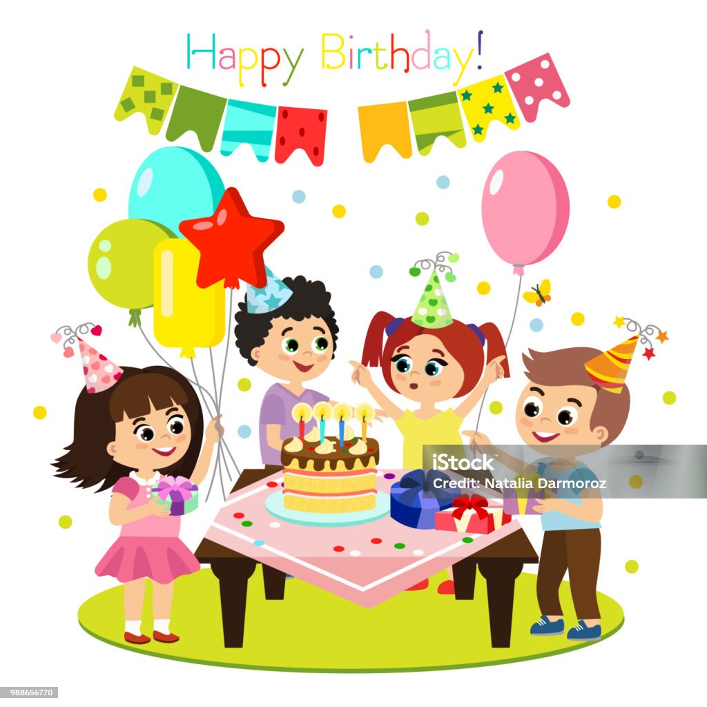 Vector Illustration Of Kids Birthday Party Colorful And Bright Decoration  Happy Children Have Fun Together Girls And Boys In Flat Cartoon Style Stock  Illustration - Download Image Now - iStock