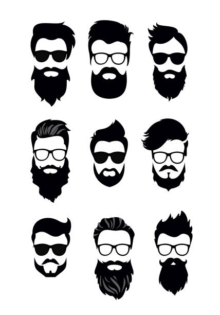 illustrazioni stock, clip art, cartoni animati e icone di tendenza di illustrazione vettoriale di un insieme di volti vettoriali di uomini barbuto, hipster con diversi tagli di capelli, baffi, barbe. silhouette uomo tagli di capelli in stile piatto. - barba