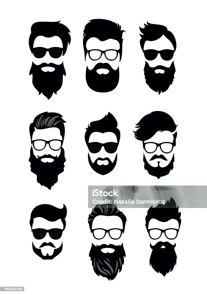 Vector illustration of set of vector bearded men faces, hipsters with different haircuts, mustaches, beards. Silhouettes men haircuts flat style. Vector illustration of set of vector bearded men faces, hipsters with different haircuts, mustaches, beards. Silhouettes men haircuts flat style Beard stock vector