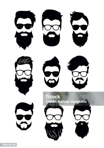 Vector Illustration Of Set Of Vector Bearded Men Faces Hipsters With Different Haircuts Mustaches Beards Silhouettes Men Haircuts Flat Style Stock Illustration - Download Image Now