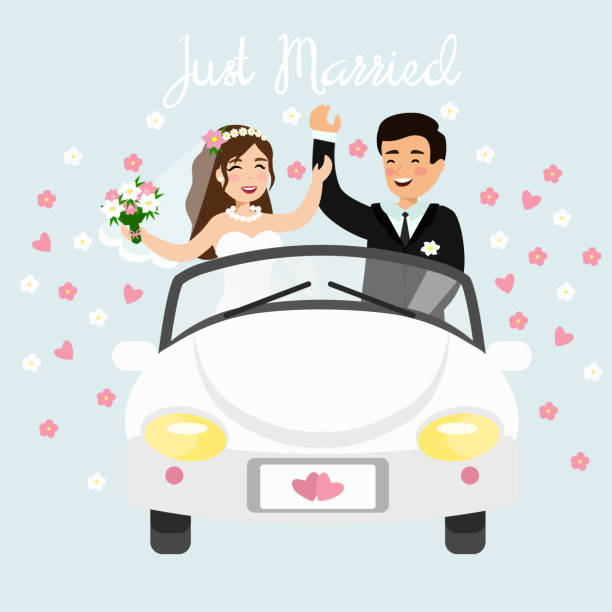 ilustrações de stock, clip art, desenhos animados e ícones de vector illustration of just married couple driving a white car in honeymoon trip. wedding bride and groom in flat cartoon style. - honeymoon wedding married engagement