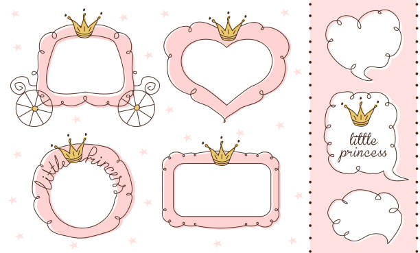 illustrations, cliparts, dessins animés et icônes de jeu de miroirs doodle mignon. élément de vecteur princesse de conception. rose de cadres avec couronne, diadème. - babies or children