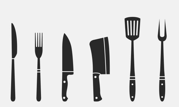 fleischermesser, grill gabel und spatel. gabel und messer, fleisch messer, beil, koch, bbq gabel. fleischermesser. set von restaurant icons. vektor-illustration - metal cutter stock-grafiken, -clipart, -cartoons und -symbole