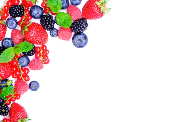 bunch of mixed berries in harvest pile on white background. colorful composition with fresh organic strawberry, blueberry, blackberry & redcurrant. clean eating concept. close up, copy space, top view - blackberry currant strawberry antioxidant imagens e fotografias de stock