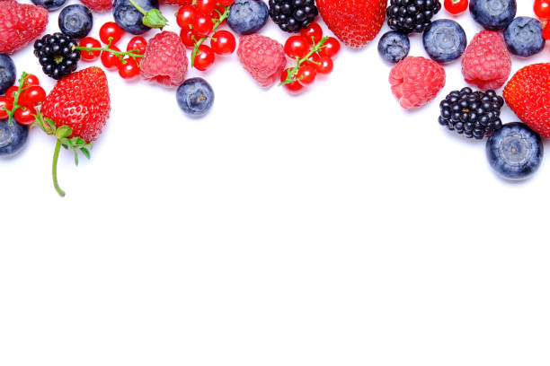 bunch of mixed berries in harvest pile on white background. colorful composition with fresh organic strawberry, blueberry, blackberry & redcurrant. clean eating concept. close up, copy space, top view - blackberry currant strawberry antioxidant imagens e fotografias de stock