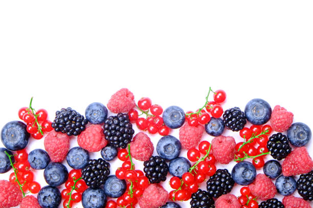 bunch of mixed berries in harvest pile on white background. colorful composition with fresh organic strawberry, blueberry, blackberry & redcurrant. clean eating concept. close up, copy space, top view - blackberry currant strawberry antioxidant imagens e fotografias de stock