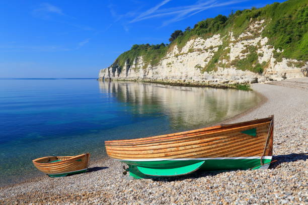 Wooden fishing boats Wooden fishing boats with Beer Head in background on the Jurassic Coast in Devon devon stock pictures, royalty-free photos & images