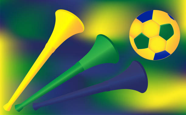 ilustrações de stock, clip art, desenhos animados e ícones de soccer football backdrop vector. trumpet horn and ball on gradient blur background. brazil flag colors. - bugle