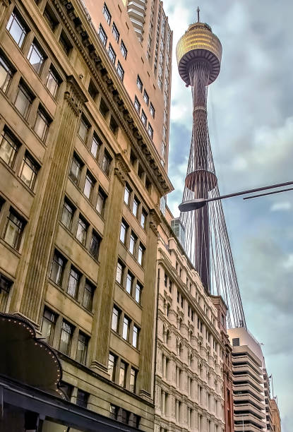 torre de sydney en el centro de sydney, australia; vista de ángulo bajo. - sydney australia fotografías e imágenes de stock