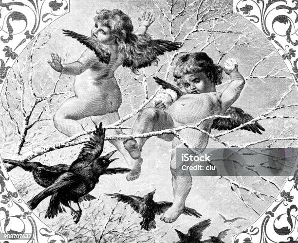 Angels Dancing In Sky At Tree In Winter Stock Illustration - Download Image Now - Angel, History, 1890-1899