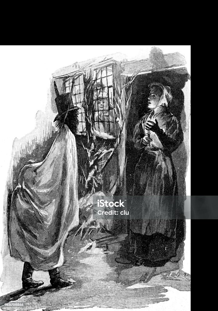 Christmas tradition: the Habersack going from door to door Illustration from 19th century Drawing - Art Product stock illustration