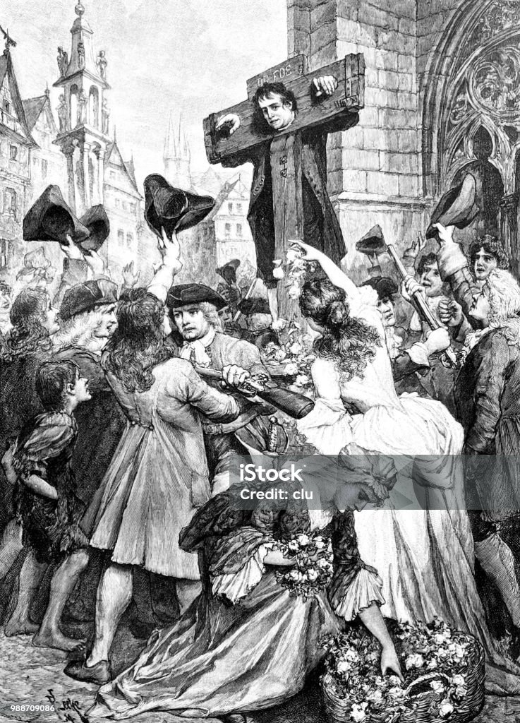 Daniel Defoe at the pillory Illustration from 19th century Daniel Defoe stock illustration