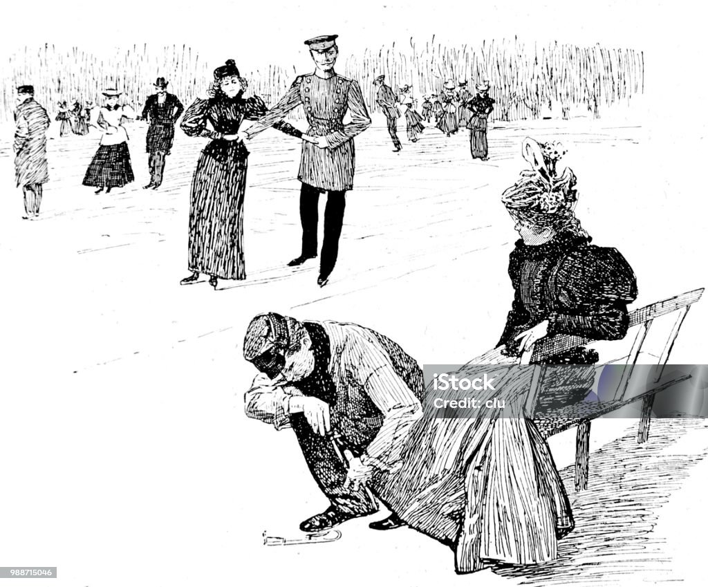 Man helps a woman having problems with her skates Illustration from 19th century 1890-1899 stock illustration