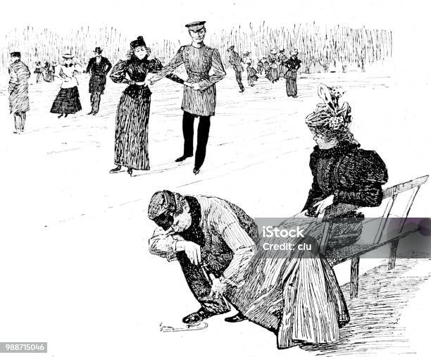 Man Helps A Woman Having Problems With Her Skates Stock Illustration - Download Image Now - 1890-1899, 19th Century, 2018