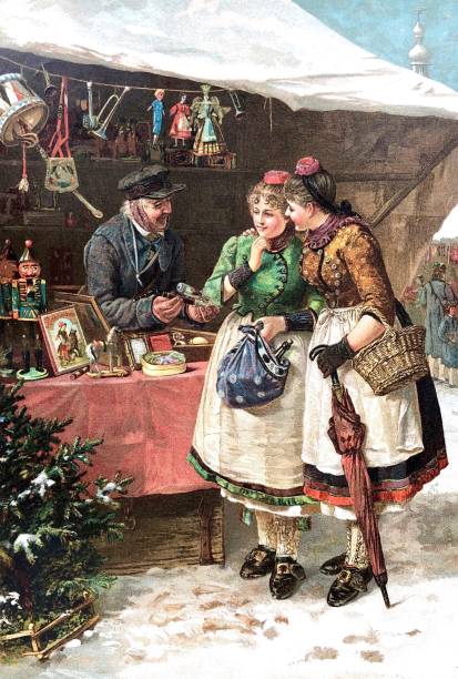 zwei junge frauen auf der suche nach geschenken auf dem weihnachtsmarkt - weihnachtsmarkt stock-grafiken, -clipart, -cartoons und -symbole