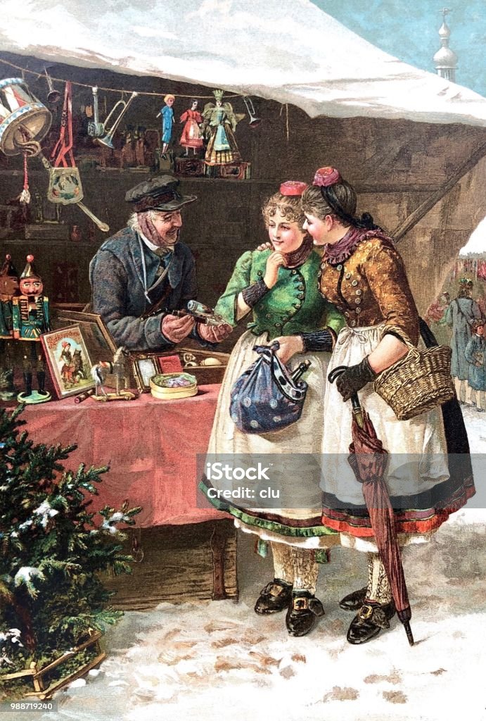 Two young women looking for gifts at the Christmas market Illustration from 19th century Christmas stock illustration