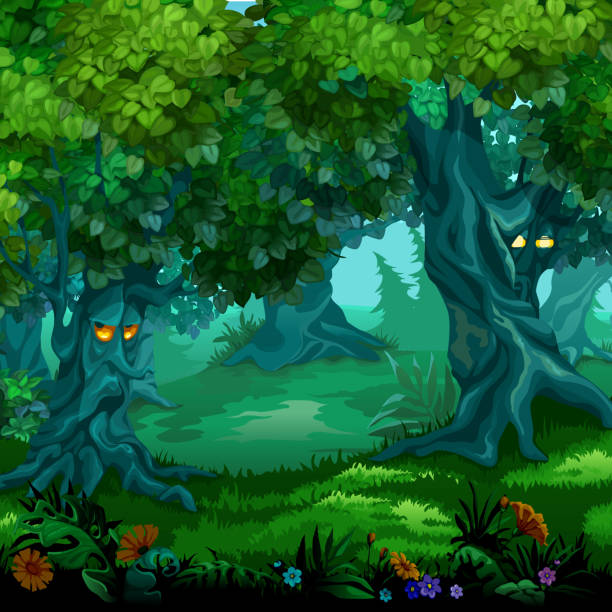 istock Forest of magic. Moving trees. Vector cartoon close-up illustration 988739810
