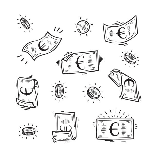 ilustrações de stock, clip art, desenhos animados e ícones de vector set of money. hand drawn doodle euro banknotes and coins - 5105