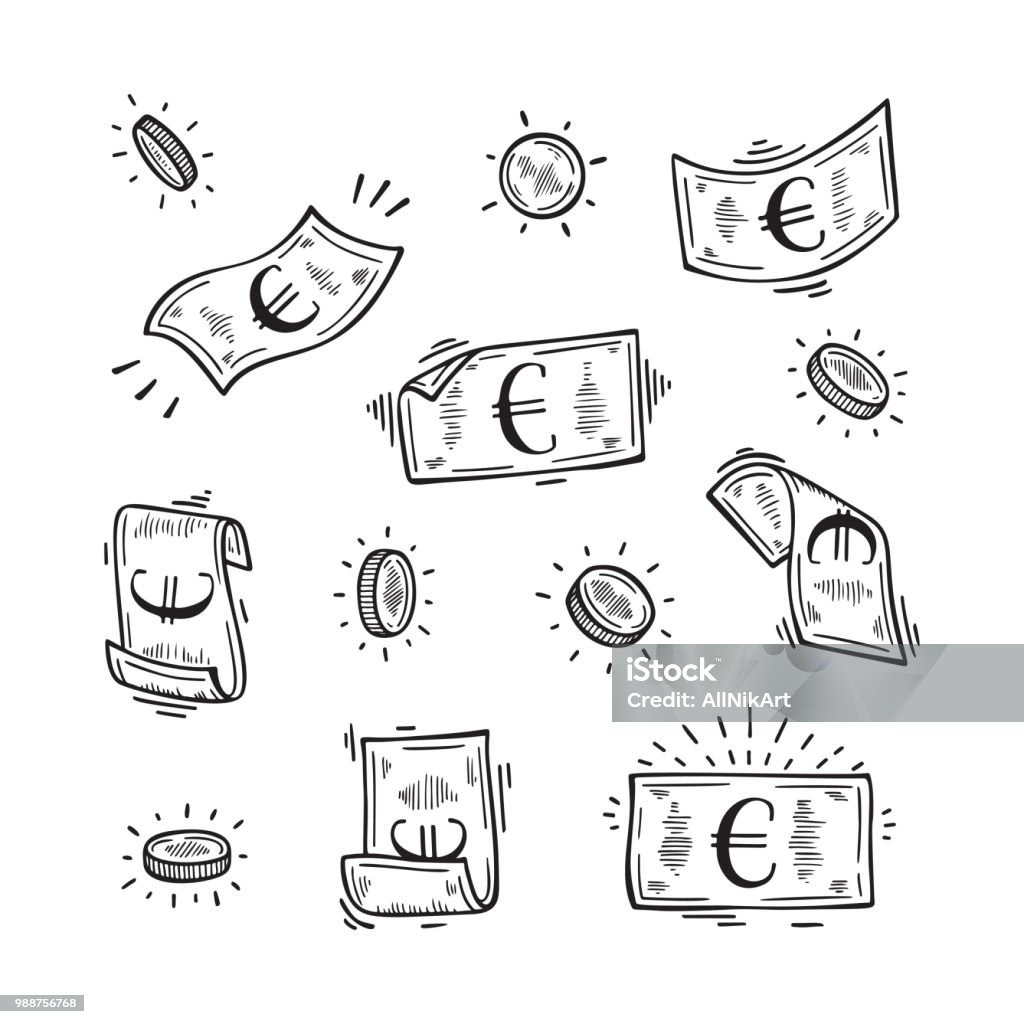 Vector Set of Money. Hand Drawn doodle Euro Banknotes and Coins Euro Symbol stock vector