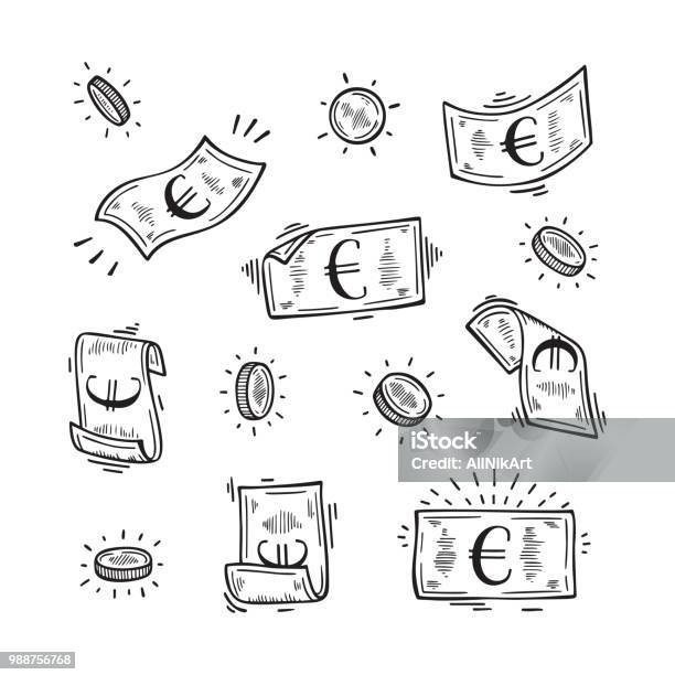 Vector Set Of Money Hand Drawn Doodle Euro Banknotes And Coins Stock Illustration - Download Image Now