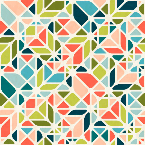 ilustraciones, imágenes clip art, dibujos animados e iconos de stock de abstracto sin fisuras patrón geométrico en colores modernos de mediados de siglo, vector ilustración con textura - teselado