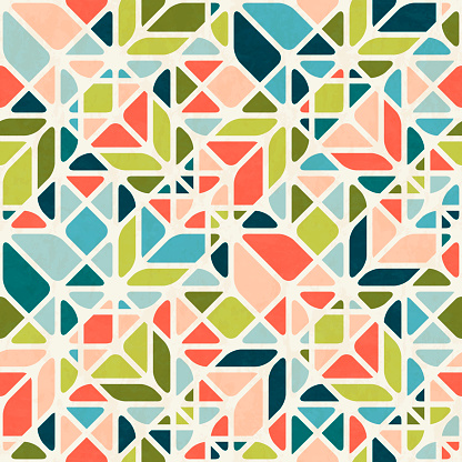 Abstract geometric seamless pattern in mid-century modern colors, vector illustration with texture