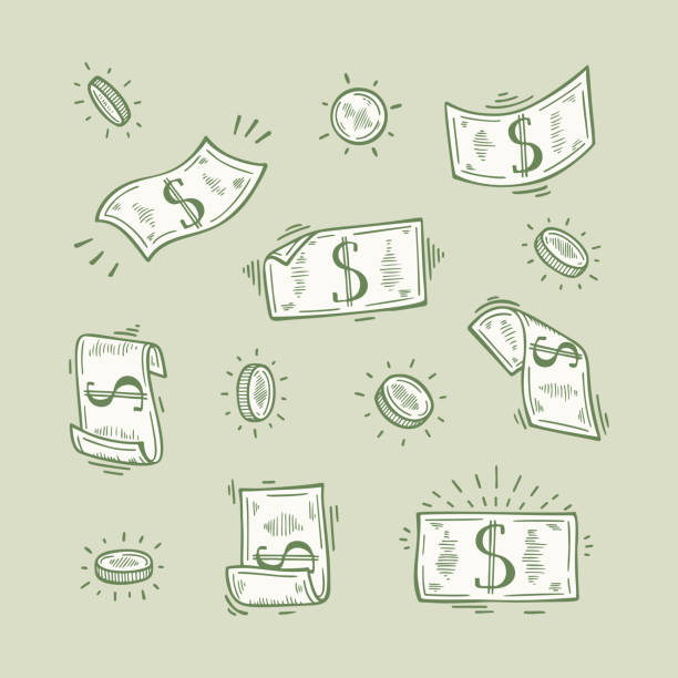 векторный набор денег. ручная нарисованная каракули доллар банкноты и монеты - 5107 stock illustrations