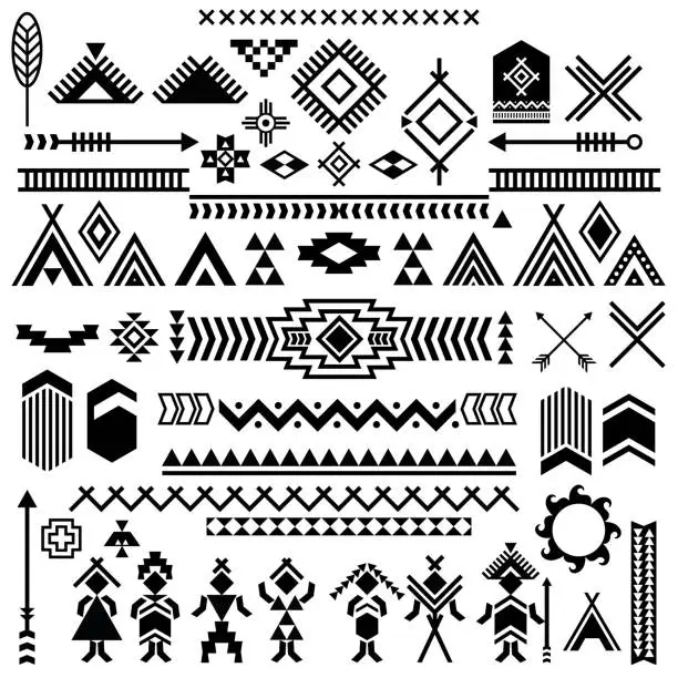 Vector illustration of Vector patterns of American. Typical Indians motives vector symbols. Aztec tribal ethnic elements.