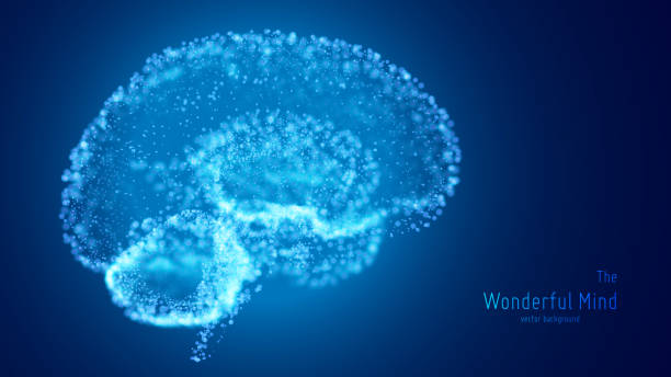bildbanksillustrationer, clip art samt tecknat material och ikoner med vector blå illustration av 3d hjärna med glödande nervceller och kort skärpedjup. begreppsmässiga image idé födelsedatum eller artificiell intelligens. blanka prickar former hjärnans struktur. futuristiska sinne scan. - brain scan'