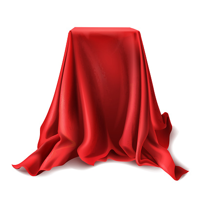 Vector realistic box covered with red silk cloth isolated on white background. Empty podium, stand with tablecloth to show magic tricks. Secret gift, hidden under satin fabric with drapery and folds