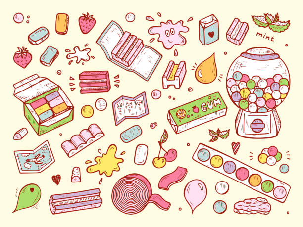 Bubble Gum Set. Hand Drawn Doodle Chewing Gums and Candy. Sweets. Vector illustration Bubble Gum Set. Hand Drawn Doodle Chewing Gums and Candy. Sweets. Vector illustration mint chewing gum stock illustrations