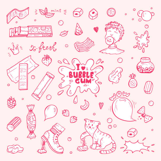 illustrations, cliparts, dessins animés et icônes de jeu de bubble-gum vectorielles. dessinés à la main doodle chewing-gum et bonbons. sucreries. - fruit drawing watermelon pencil drawing