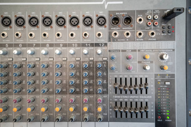 istock Close up of music mixer equalizer console for mixer control sound device. Sound technician audio mixer equalizer control for background. 988927196