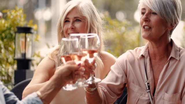 Elegant senior friends toasting and enjoying glass of wine together