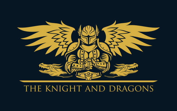 ilustrações, clipart, desenhos animados e ícones de silhueta de guerreiro cavaleiro e dragões - dragon fantasy knight warrior