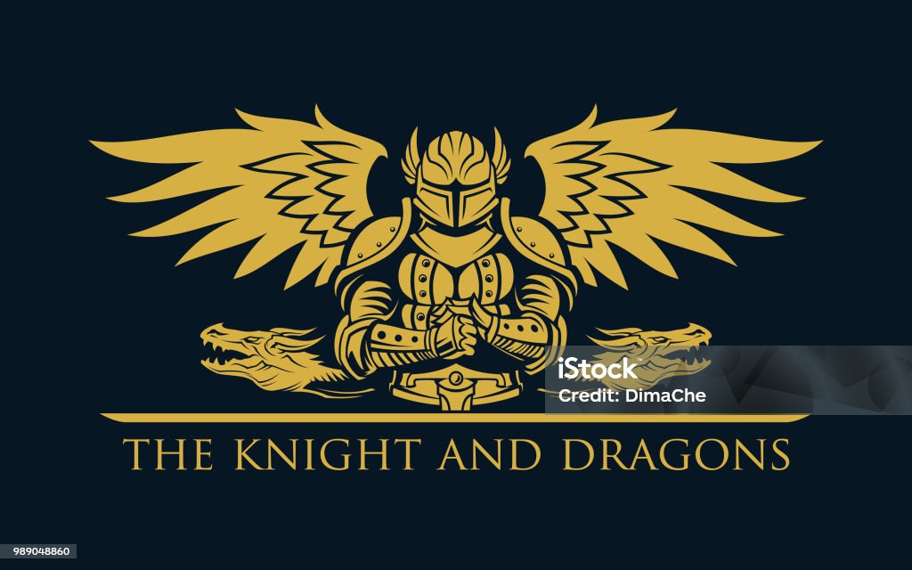 Warrior knight and dragons silhouette Knight warrior in armor with wings and fantasy dragons - vector silhouette illustration with replaceable text part. Animal Wing stock vector
