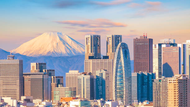 vista panoramica dello skyline di tokyo e del monte fuji - prefettura di tokyo foto e immagini stock