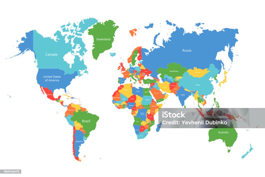 Mappemonde de vecteur. Carte du monde coloré aux frontières du pays. Carte détaillée pour affaires, voyages, médecine, éducation - clipart vectoriel de Planisphère libre de droits